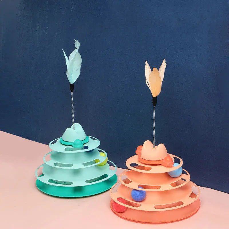 Cat toy space tower play board with PP turntable and funny cat stick in green or pink