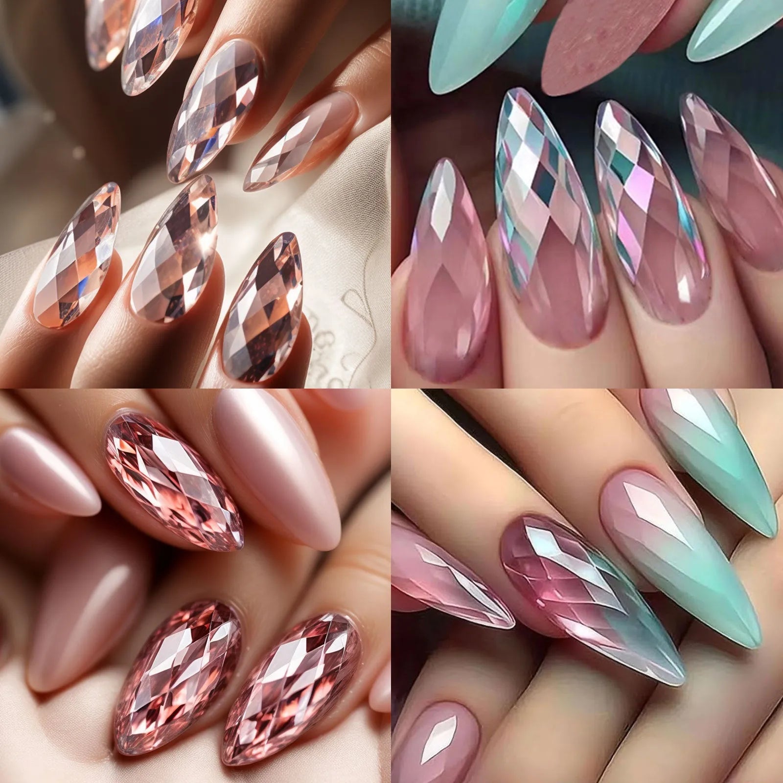 Long shaped false nail tips with an embossed 3D diamond pattern on the surface