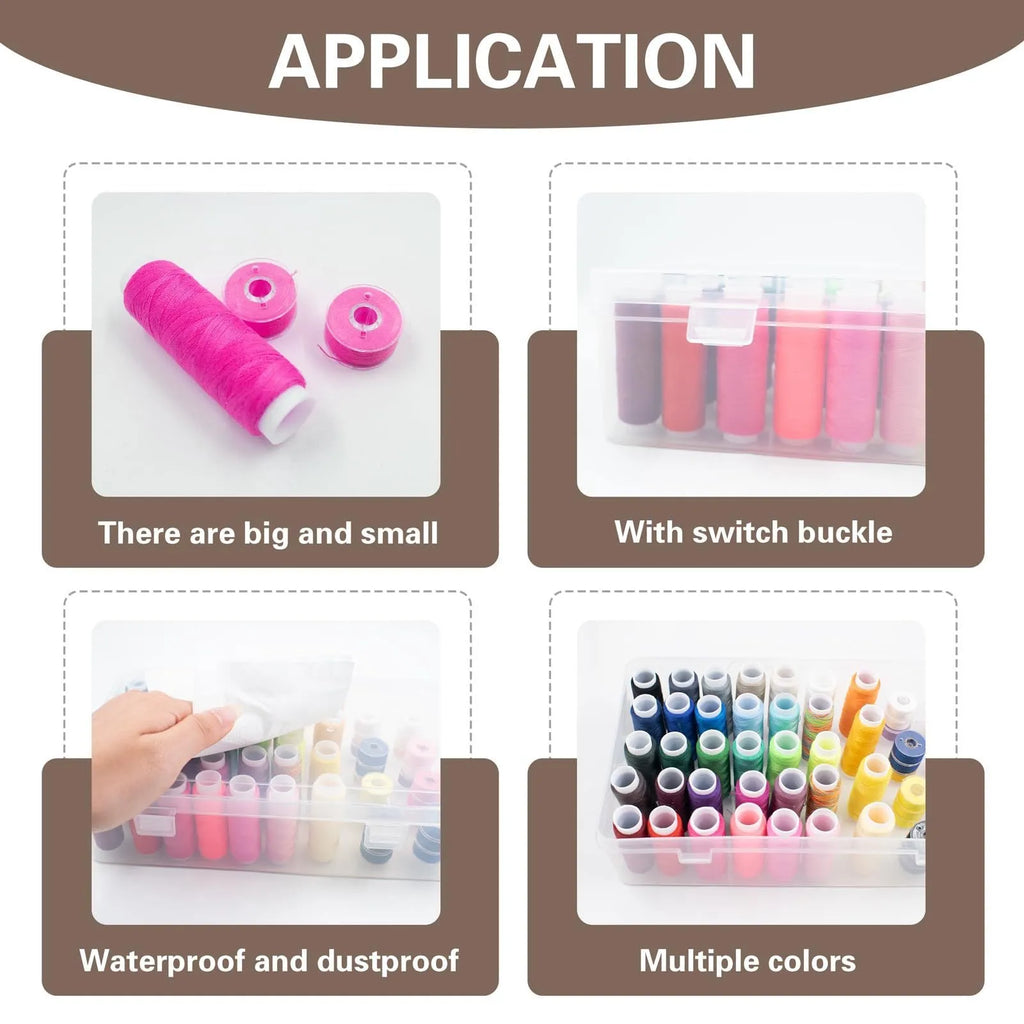 Transparent plastic storage box with 42 compartments for embroidery threads and sewing kit organisation