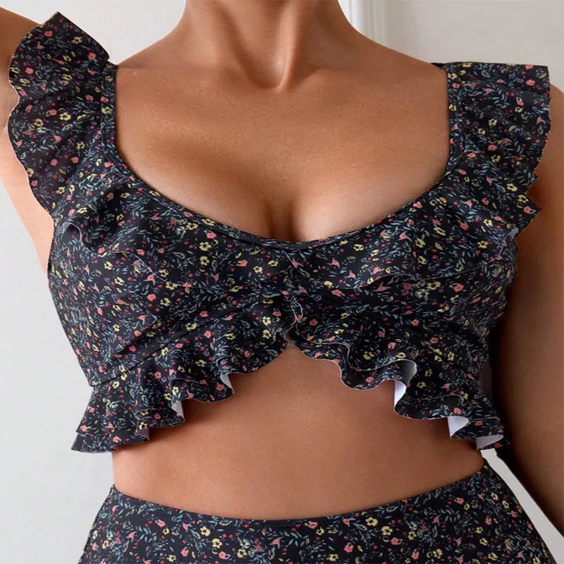 Floral flounce split backless swimsuit set, black with pink floral pattern, polyester, brief bottom, women's swimwear