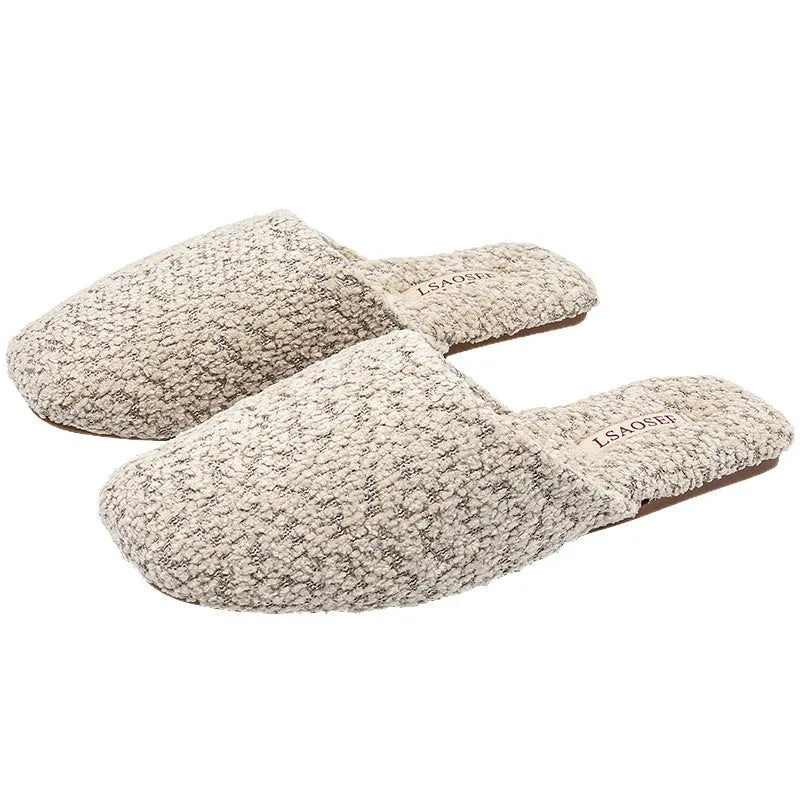 Fleece-lined thermal cotton indoor slippers with artificial velboa lining and non-slip beef tendon sole