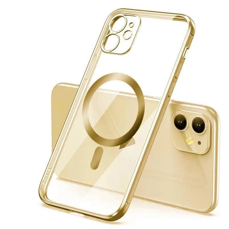 Electroplated magnetic suction mobile phone case for iPhone in silver, blue, black, gold and purple colours.