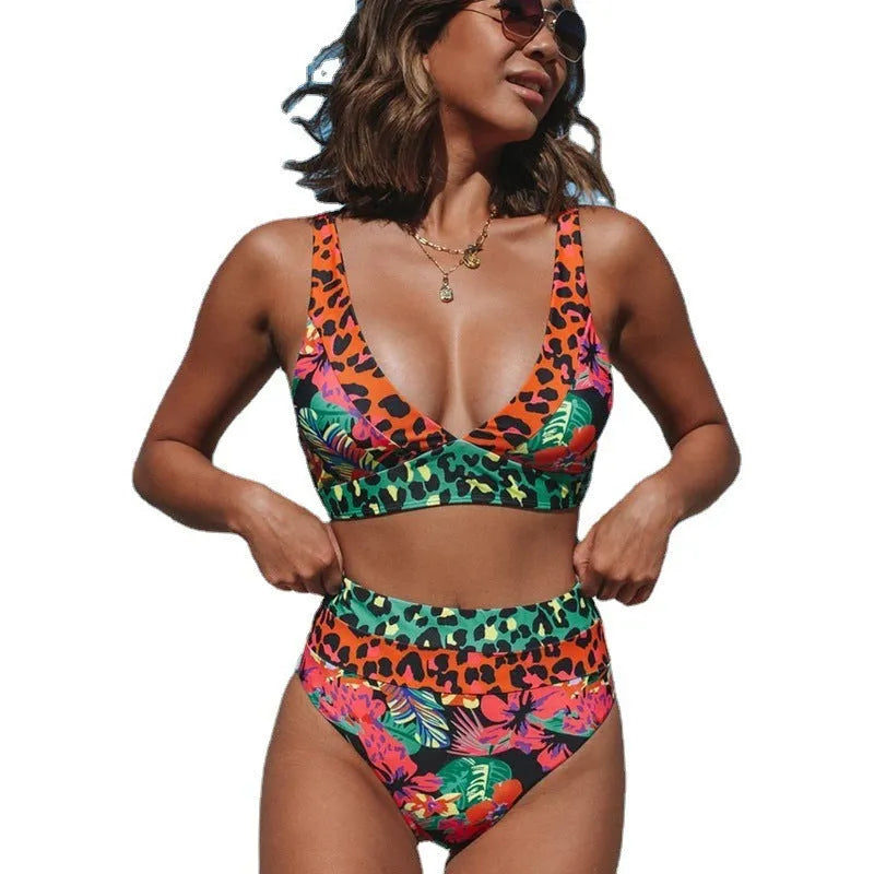 Women's floral print high-waist bikini set for swimming.