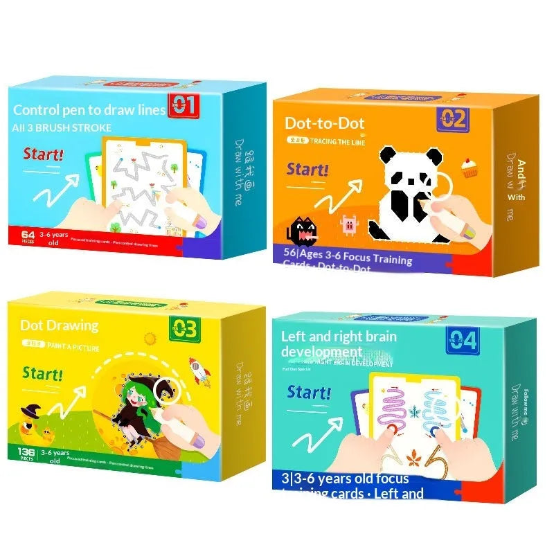 Children's erasable pen control training set with paper pages for ages 3-6, showing tracing and drawing stages.