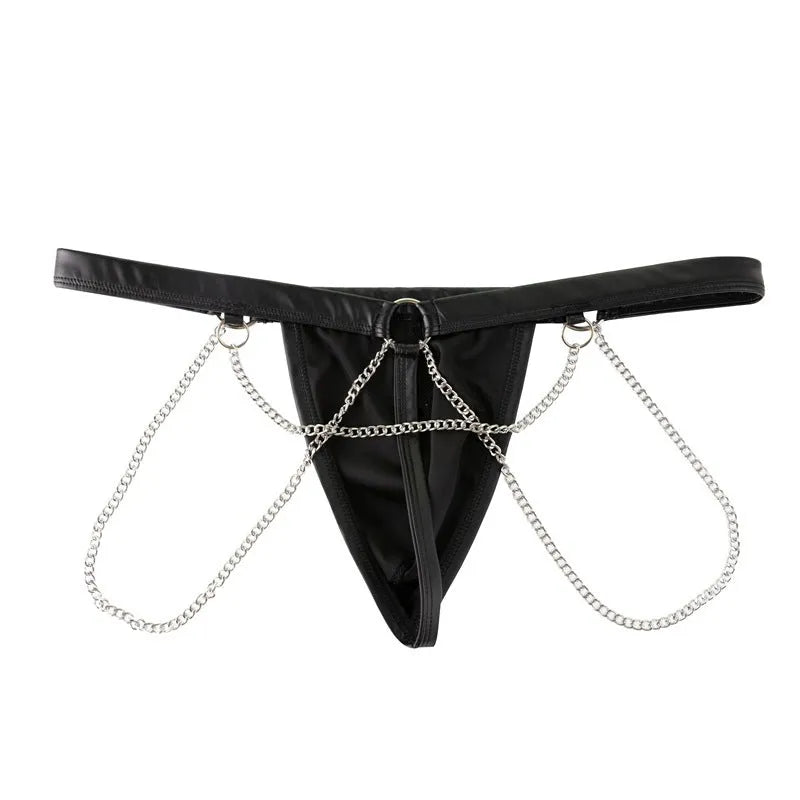 Black patent leather men's thong underwear with a decorative chain detail on the front.