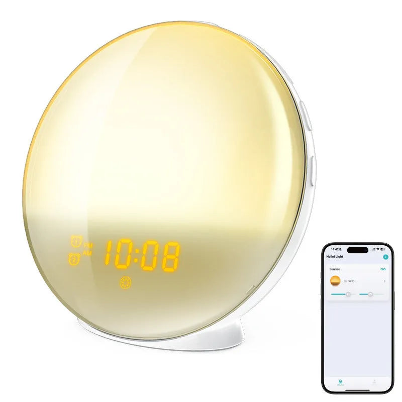 Smart wake-up light alarm clock with APP control, 10mm thick ABS shell, modern simplicity, includes charging cable