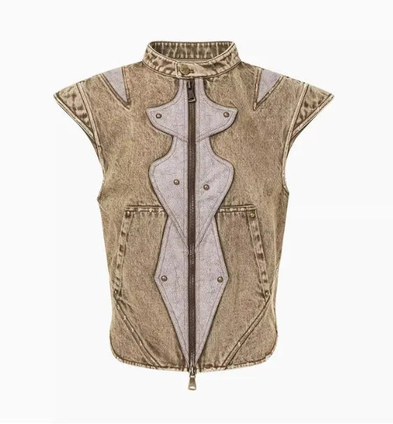 Dark denim pleated vest on hanger showing Korean-style cut and water-washed cotton fabric texture