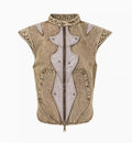 Dark denim pleated vest on hanger showing Korean-style cut and water-washed cotton fabric texture