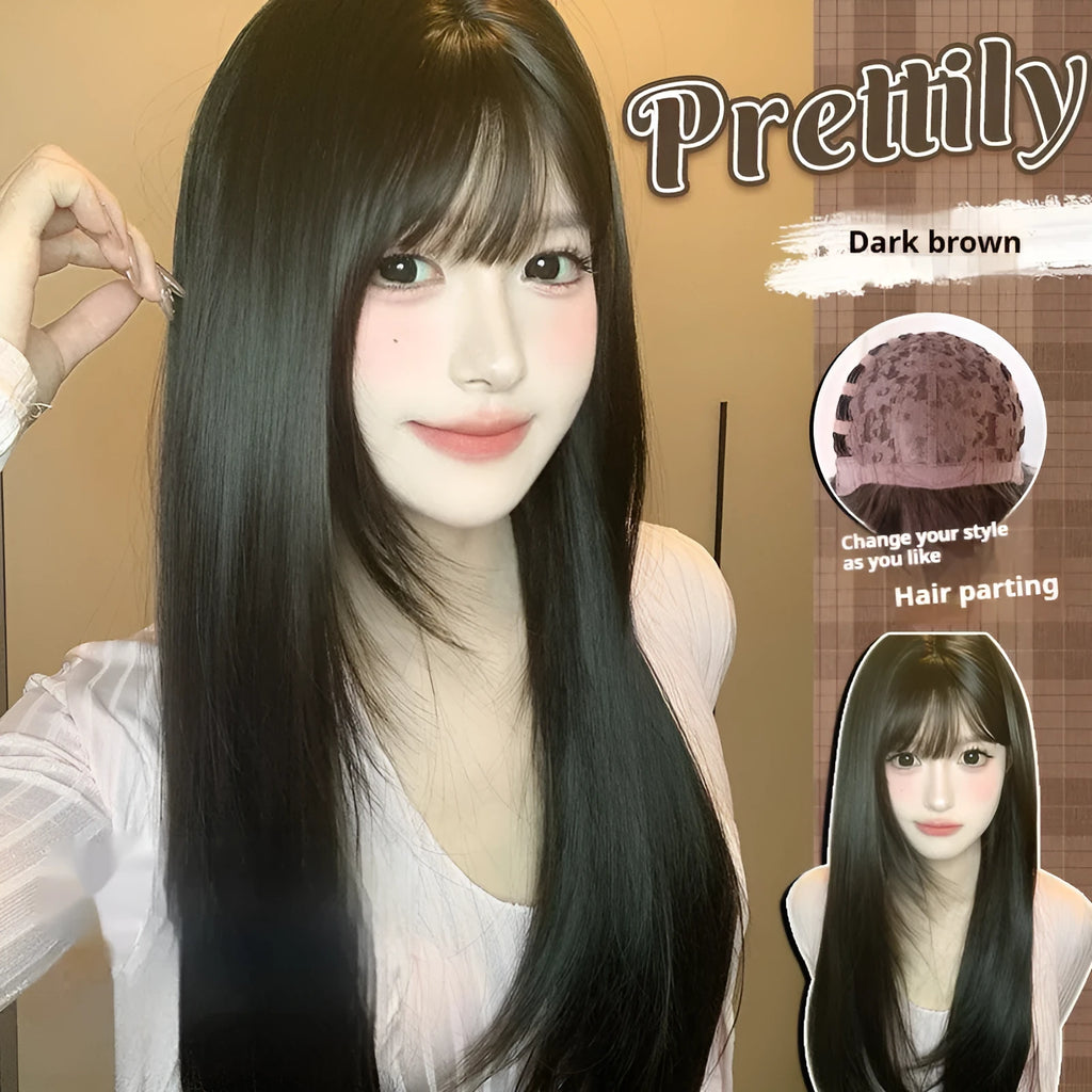 Dark brown long straight wig with full bangs for women with round face shapes