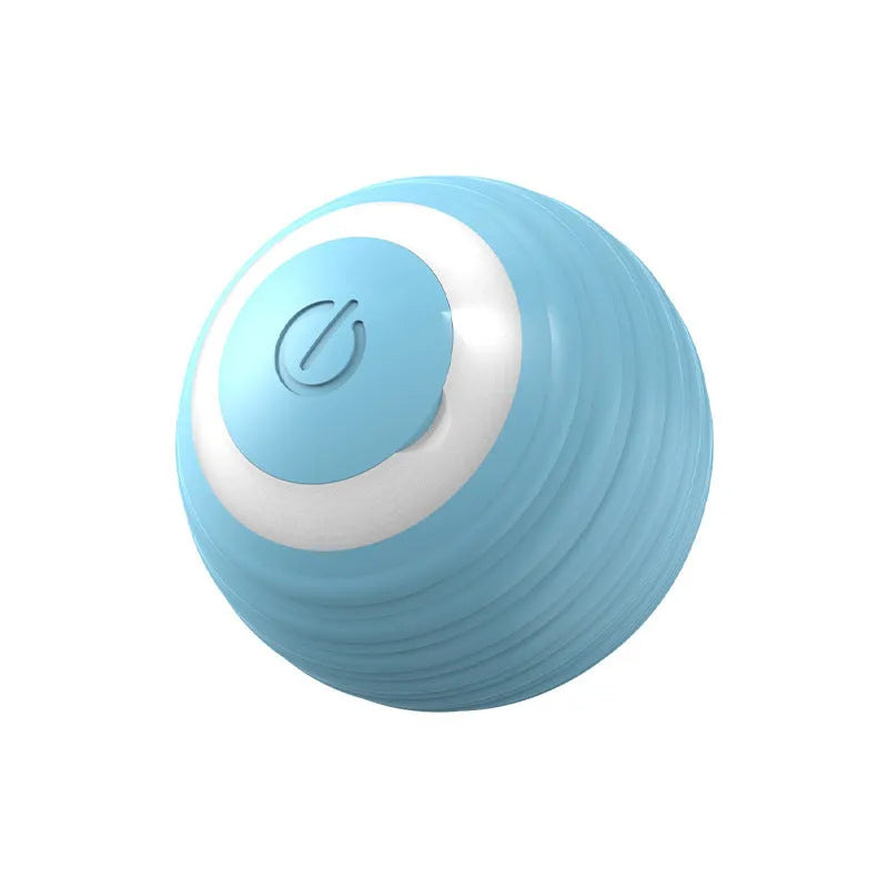 Blue and pink rechargeable automatic moving bouncing ball cat toy on a floor.