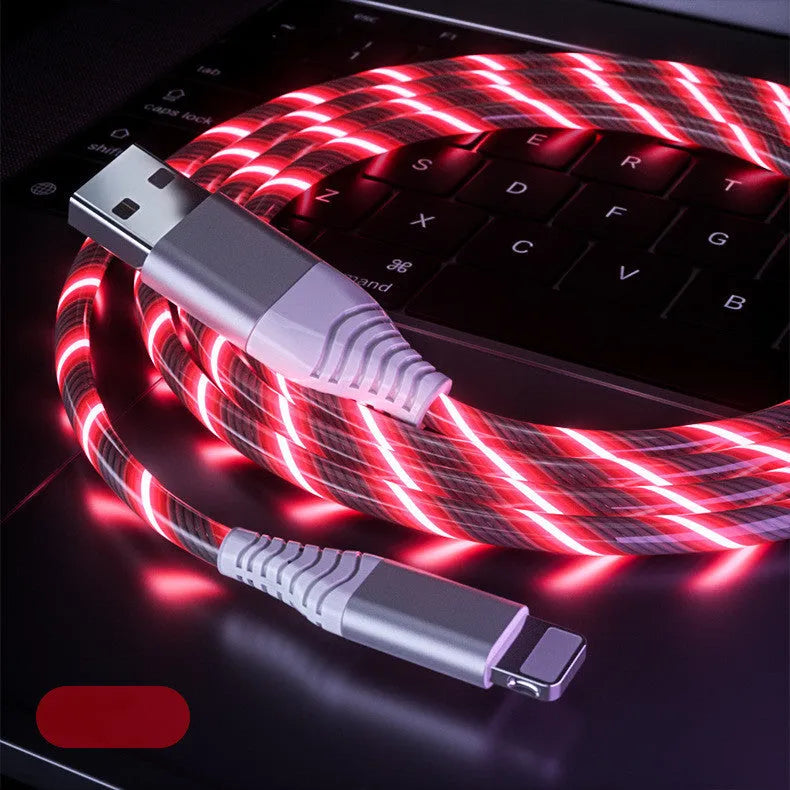 Luminous three-in-one fast charging cable with aluminium alloy connectors for USB C and Micro USB devices.