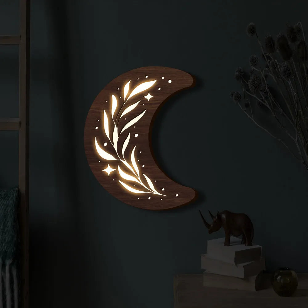 Bohemian style three-dimensional wooden leaf crescent pendant lamp with basswood construction