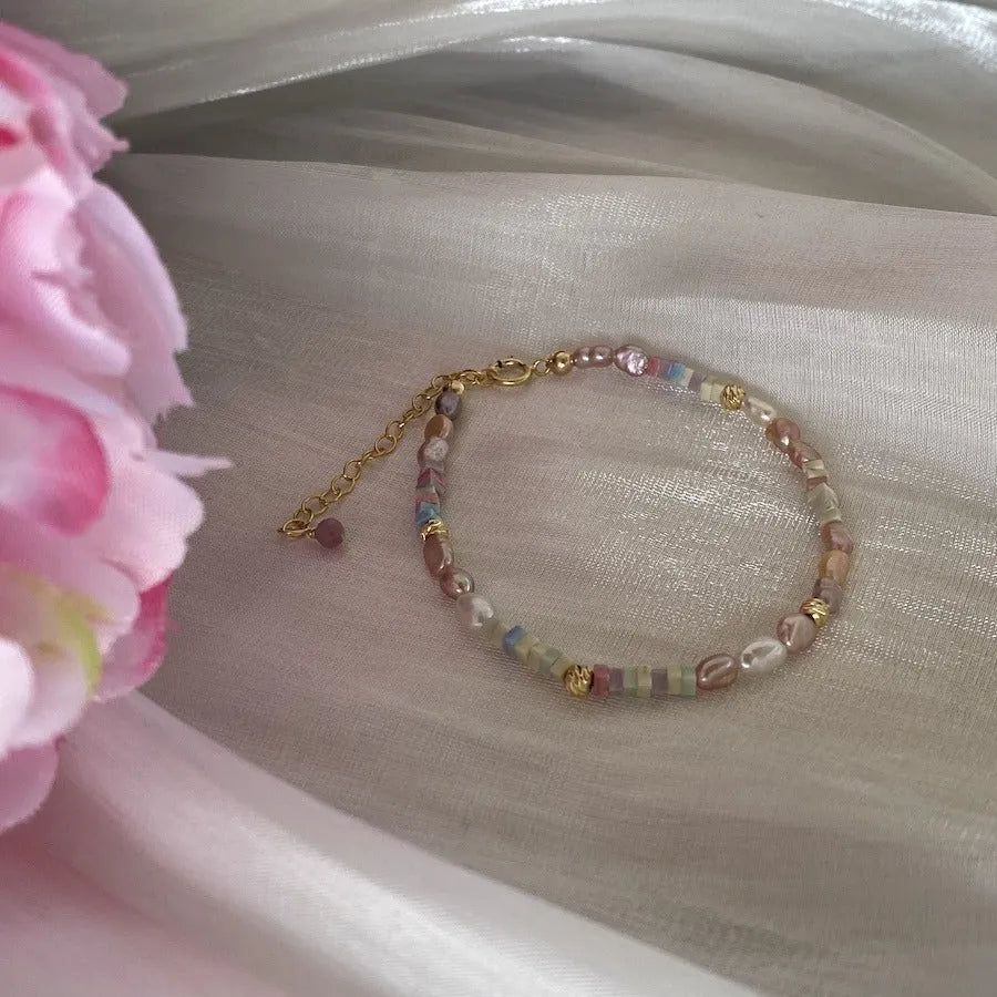 Purple natural pearl bracelet and necklace set with 14K gold-plated silver chain.