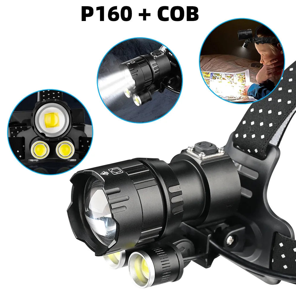 Waterproof USB rechargeable headlamp 4500 lumen with XHP160 LED, 2 COB lights, IPX6, adjustable zoom and power output.