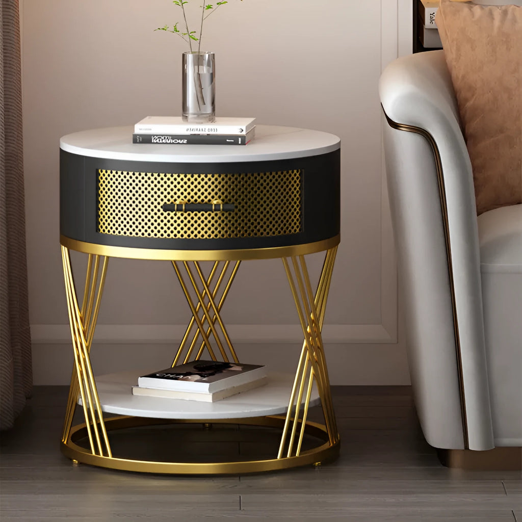 Round slate coffee table with metal frame and storage space in black finish