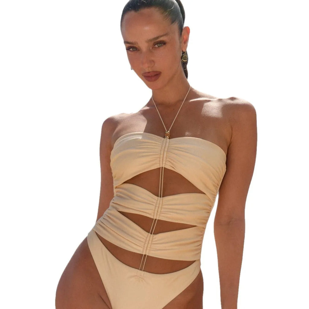 Women's solid colour pleated one-piece swimsuit with lace-up front, high-gloss nylon fabric, black colour, sleeveless design