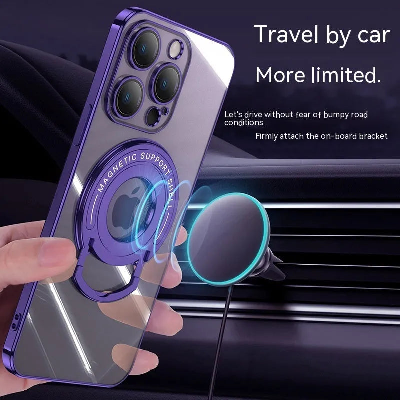 Electroplated magnetic iPhone case with extended pull rod bracket in dark purple colour