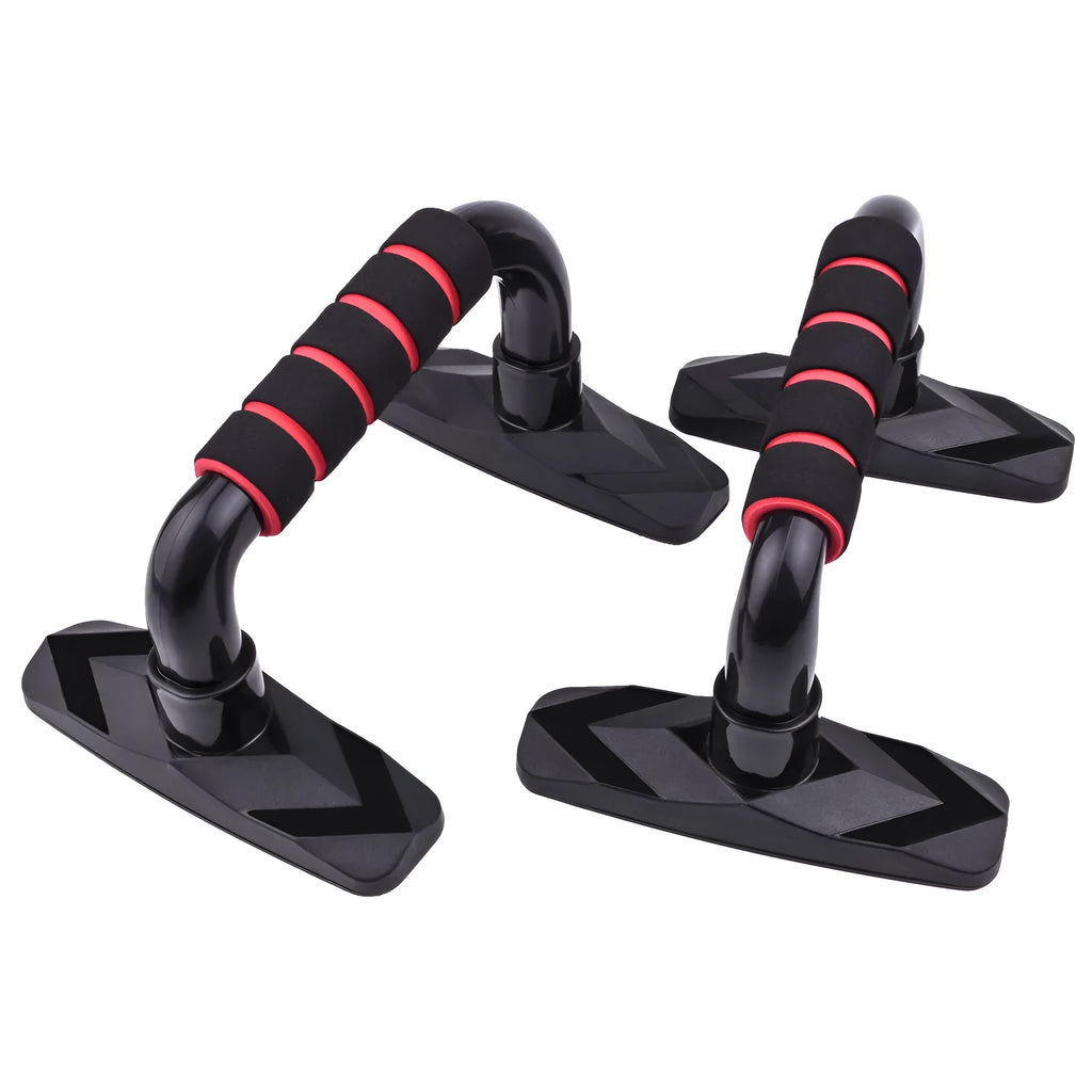 Set of two I-shaped black push up bars made from PP sponge for fitness training.