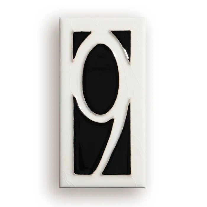 Handmade retro-style ceramic doorplate with an enamel art number on a white background.