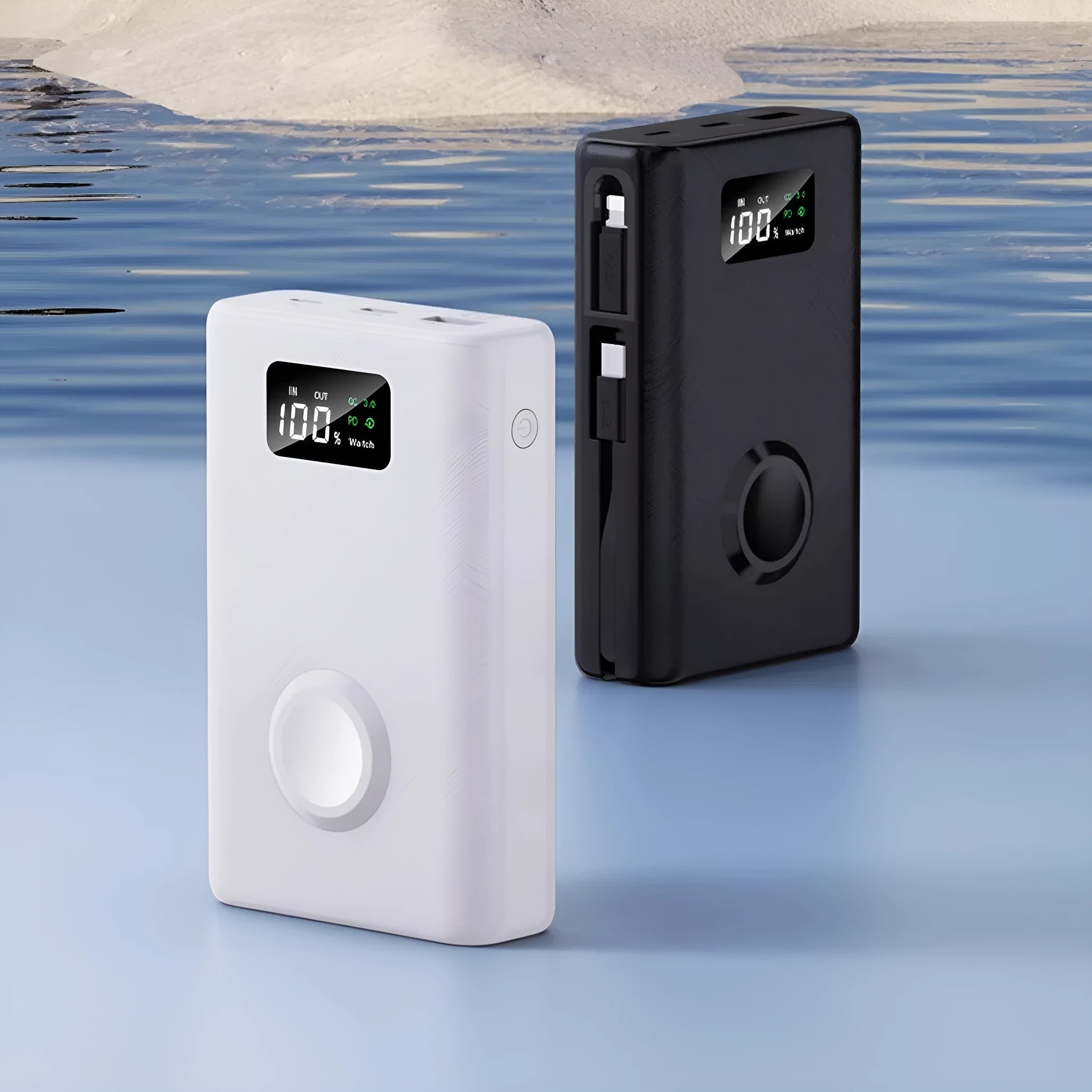 Black and white 20000mAh wireless power bank showing digital display screen and USB ports