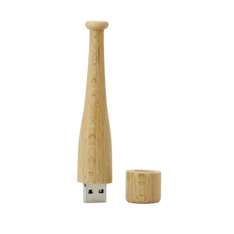Baseball bat shaped USB flash drive with a natural wood shell on a plain background