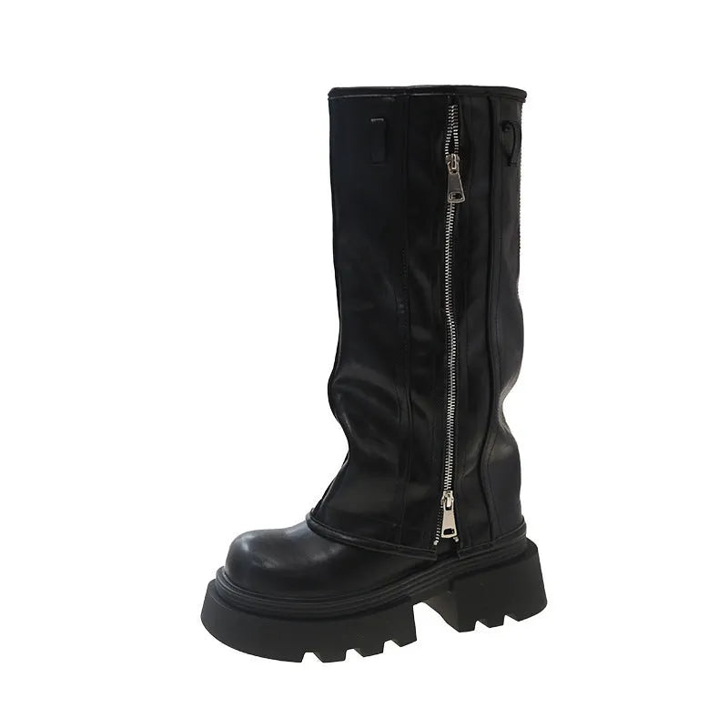 Black platform muffin pants Martin boots with square heel and high cylinder design