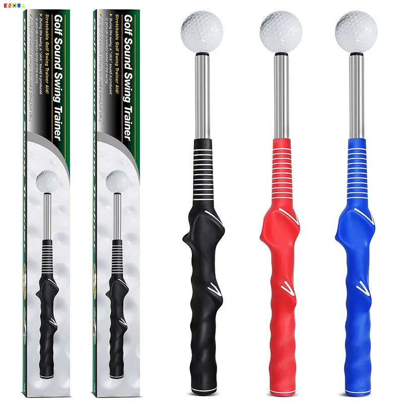 A telescopic golf swing practice trainer with a stainless steel frame, shown in an adjustable position.