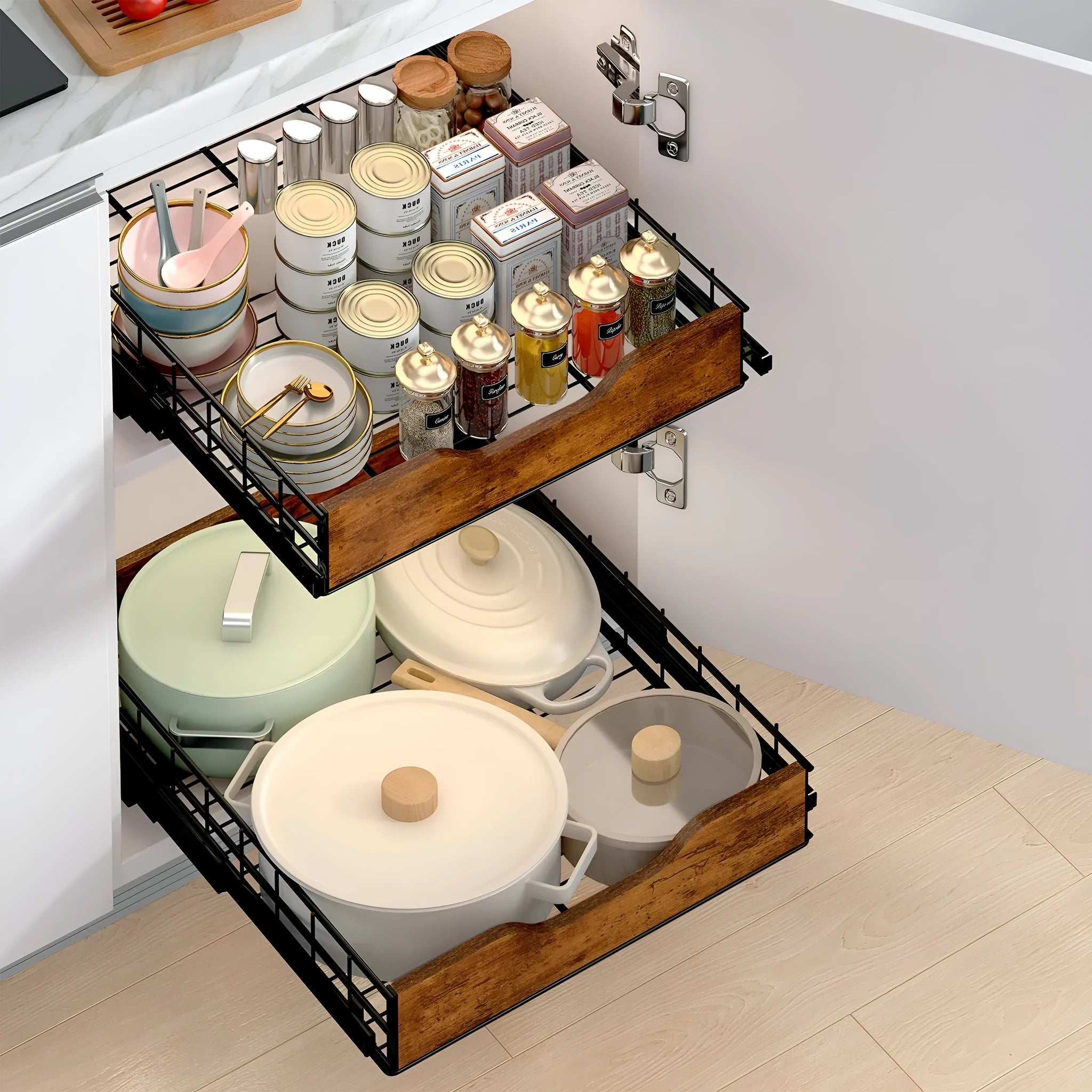 Black modern storage rack with pull-out basket drawer, made from wood and iron, for home organisation.