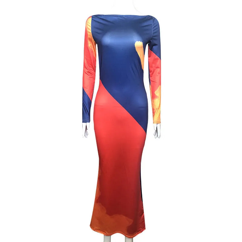 Women's one-shoulder printed backless dress, high waist, long tight fit, polyester, sizes S M L