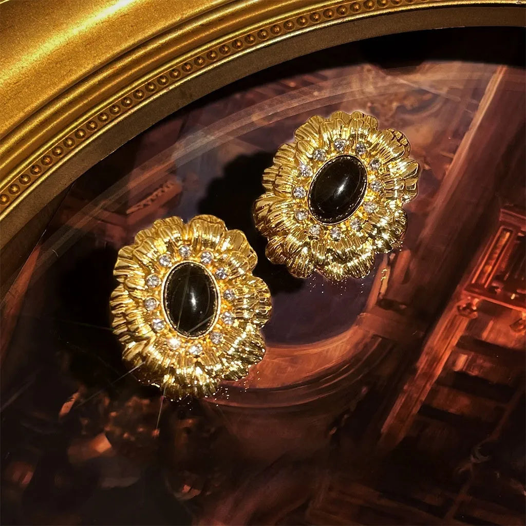 Vintage heavy industry geometric copper drop earrings with zircon and cat-eye style stones for women