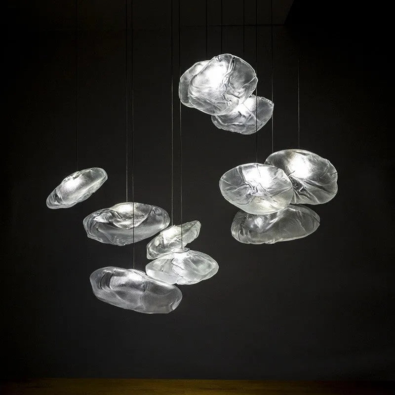Modern glass fabric chandelier in amber, clear, or smoke grey, available in 200mm and 300mm sizes.