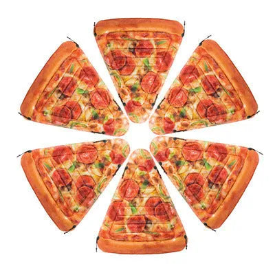 Large green pizza-shaped inflatable surfboard lounger floating on water