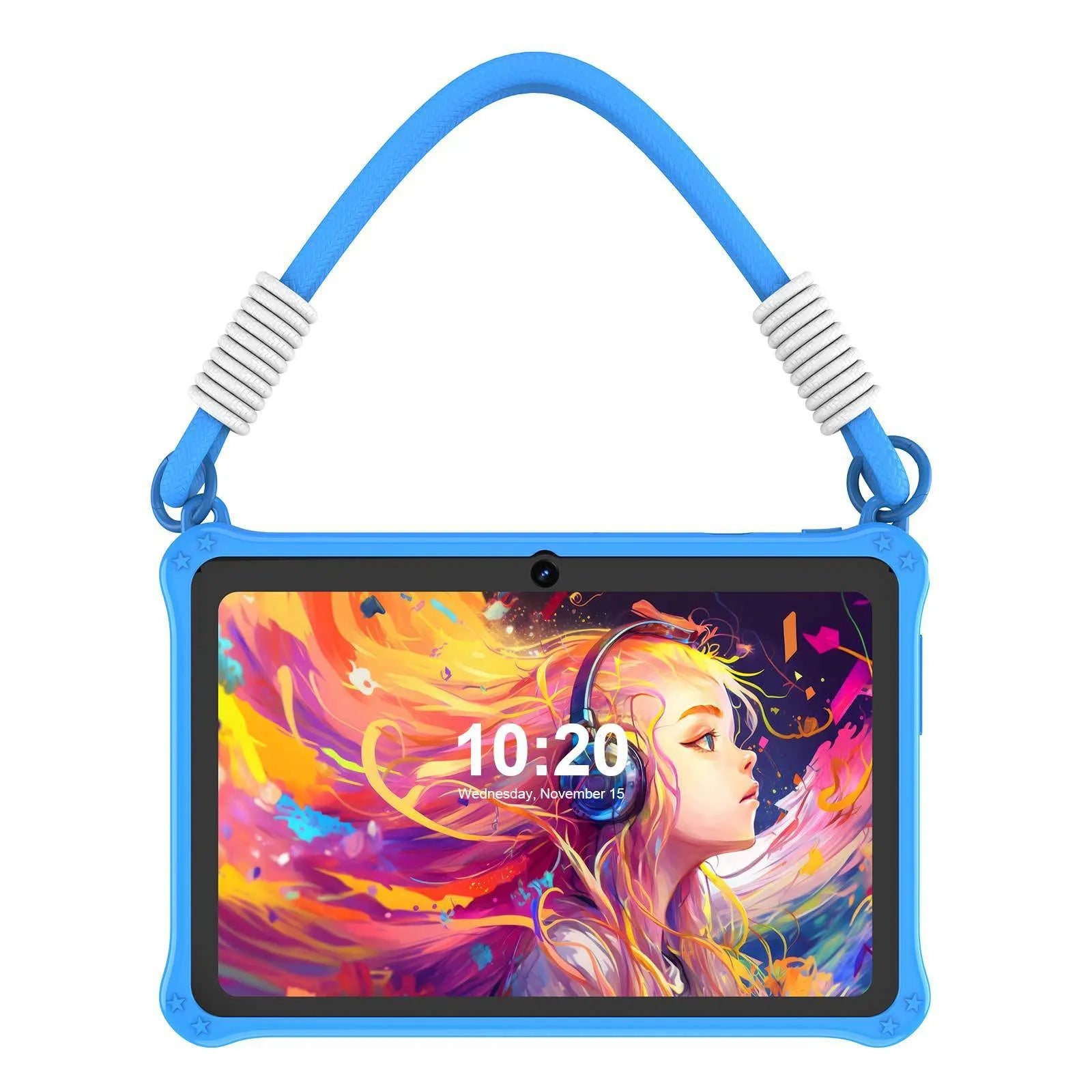 Blue silicone protective case for 7-inch children's tablet with flat strap and included accessories