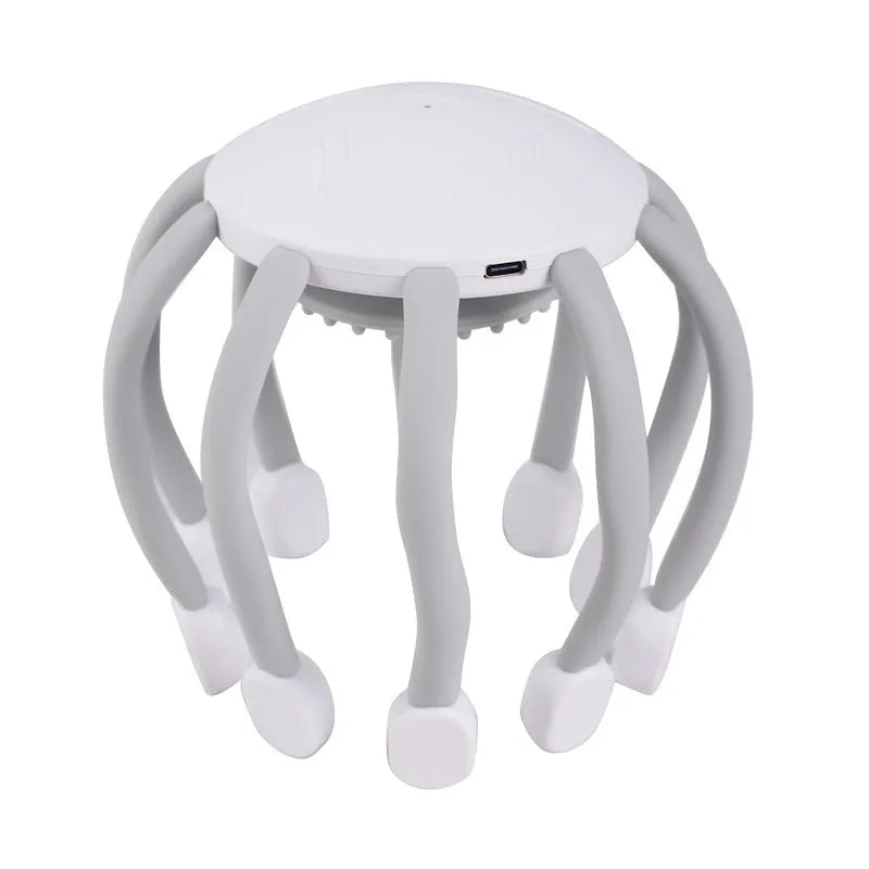 Black eight-claw head massager with flexible silicone tips and USB cable.