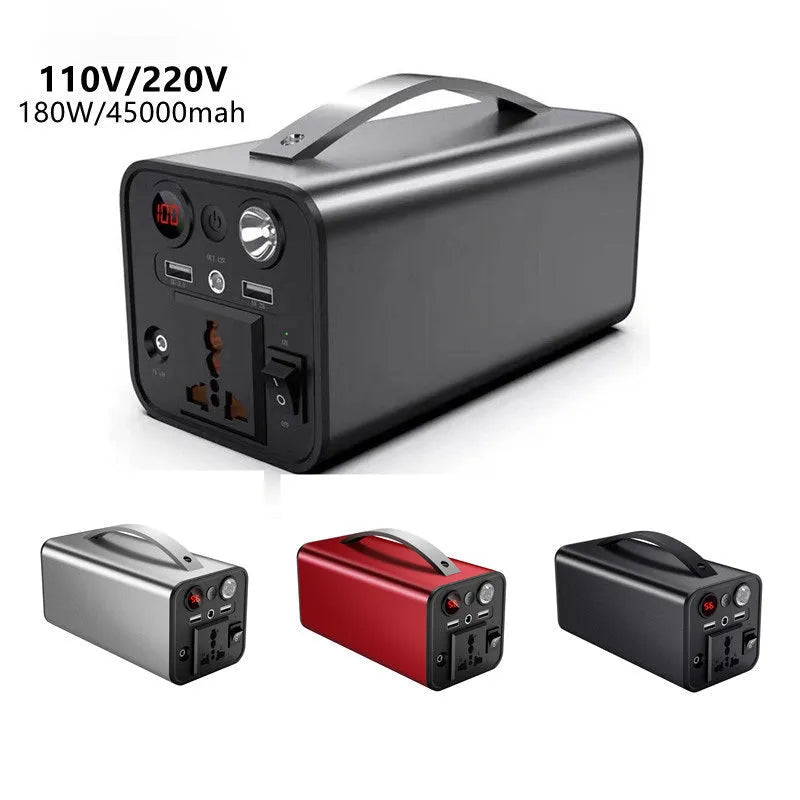 Black portable power station with 45000mAh capacity, 180W output, AC and USB ports on front panel