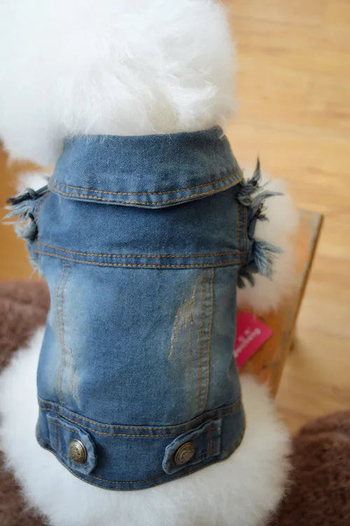 Denim dog vest with retro scratch pattern in dark and light colours for autumn winter wear
