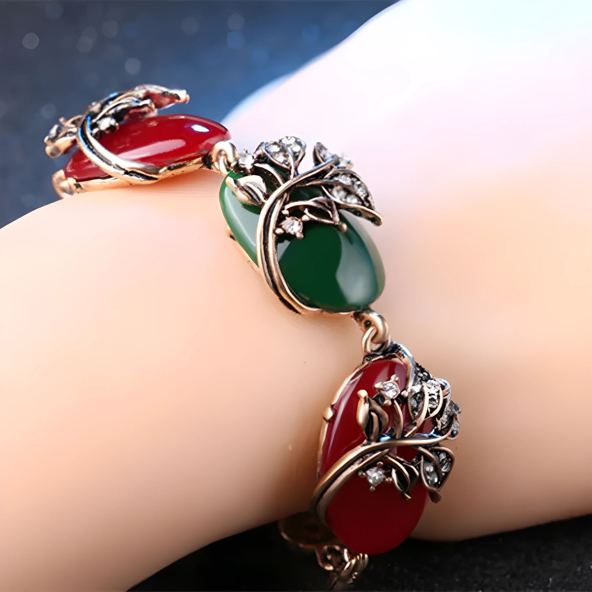 Colourful resin and Tibetan alloy boho bracelet with gold tone flower and love charms for women