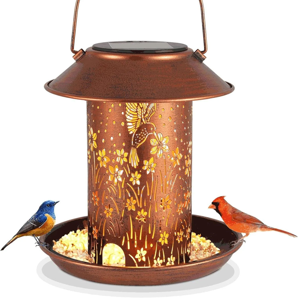 Solar-powered iron art hummingbird bird feeder lamp for outdoor garden lighting