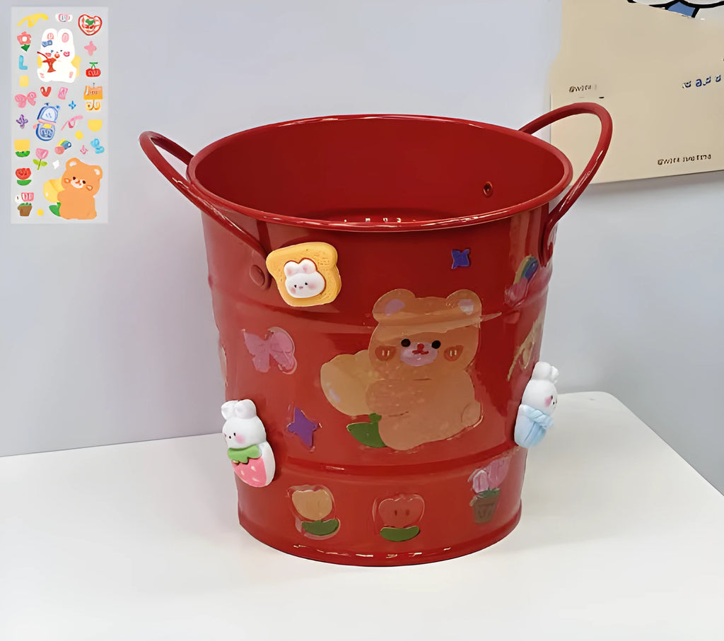 Round metal desktop pen holder in a choice of colours including pink, green, and yellow.