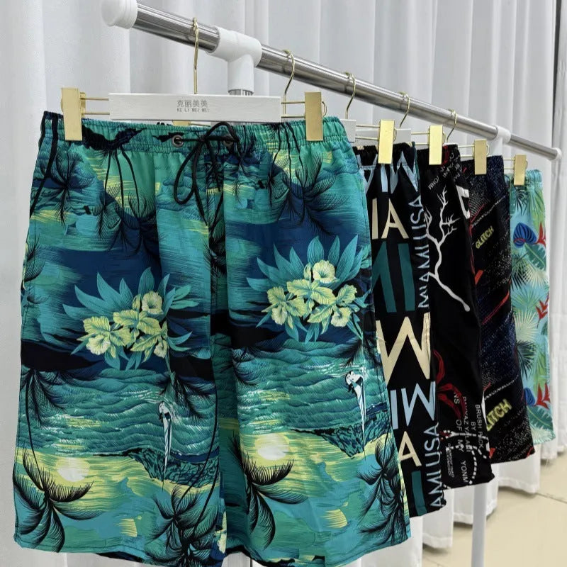 Men's loose beach trousers in ice silk fabric with striped pattern, elastic waist, and quick-drying properties