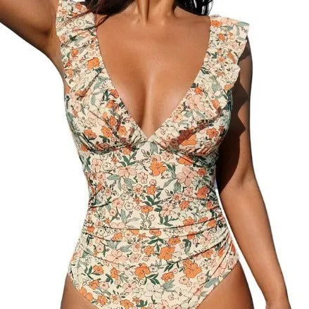 Women's one-piece ruffled tied multi-color swimsuit with floral pattern, backless design, quick-drying polyester