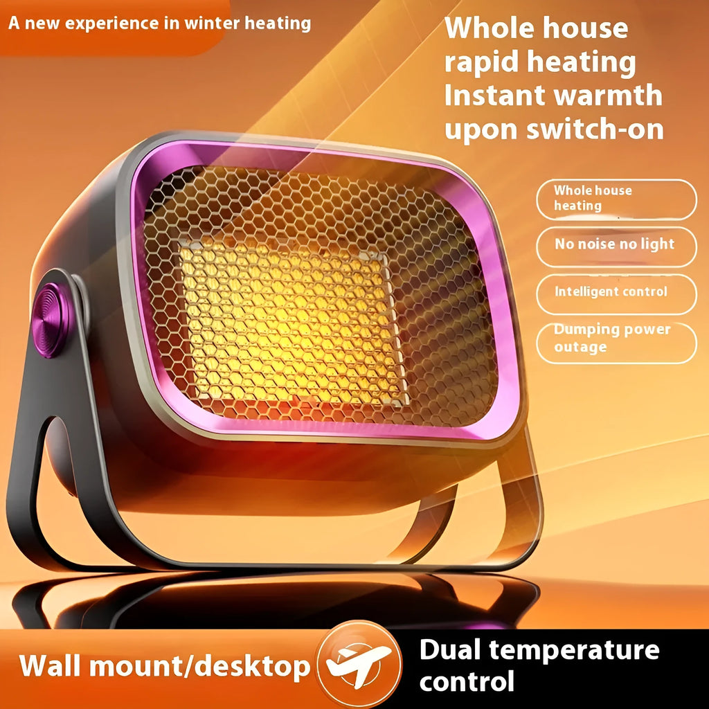 A compact grey desktop ceramic electric heater with a rotatable base on a wooden desk.