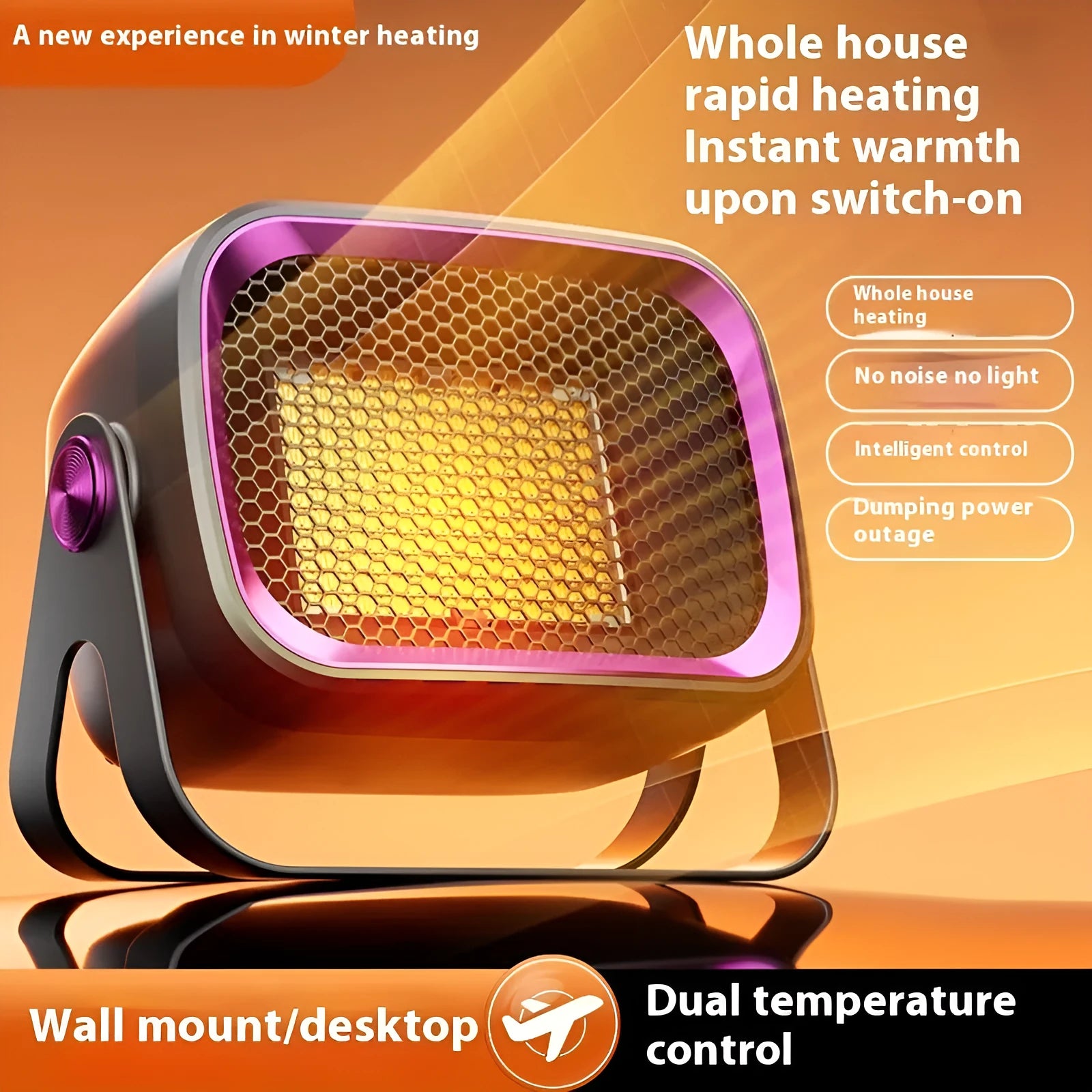A compact grey desktop ceramic electric heater with a rotatable base on a wooden desk.