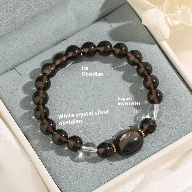 Women's silver bracelet with cat head charm and ice stone opal beads
