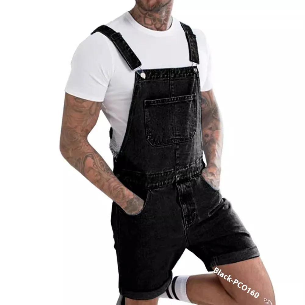 Men's grey denim suspender pants with a zip fly and straight-leg cut on a hanger.