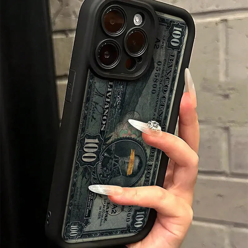 Black silicone phone case with dollar bill illustration for Apple iPhone, airbag anti-fall protection