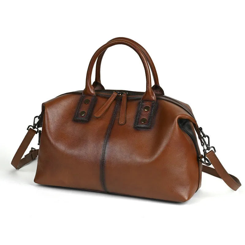 Women's genuine leather handbag in brown, horizontal square shape, with shoulder strap and sandwich pocket