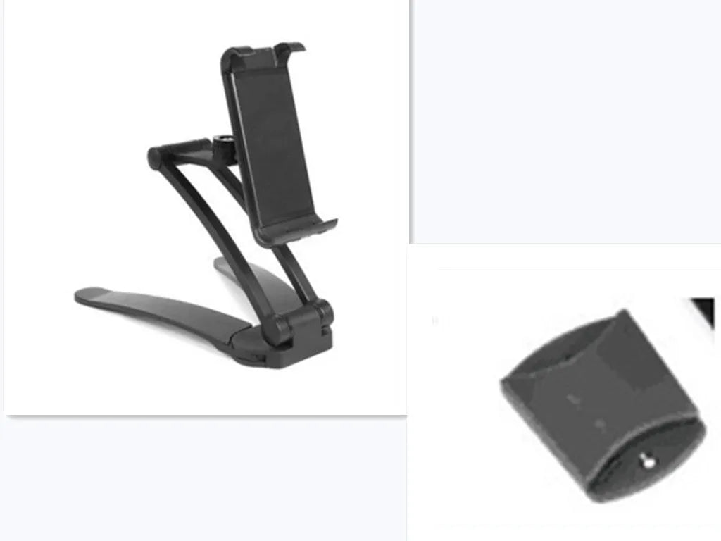 Silver aluminium alloy desktop tablet stand with adjustable clips and 360-degree rotation on a white mount.