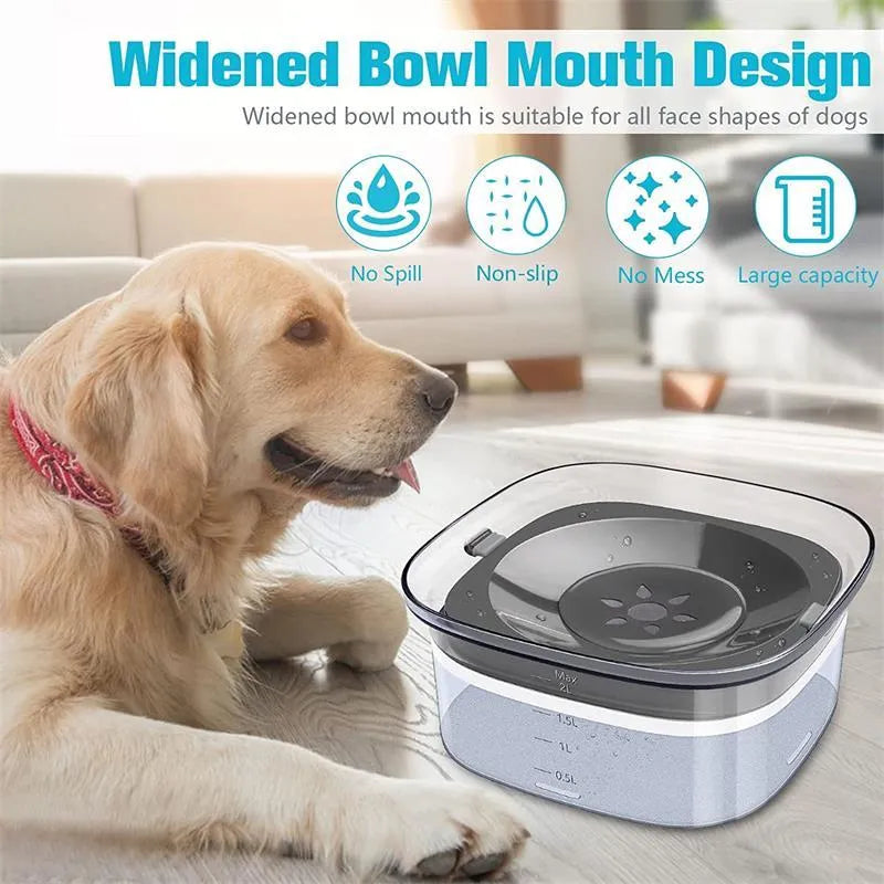 Large transparent pet water bowl with floating slow-feeder disk inside.