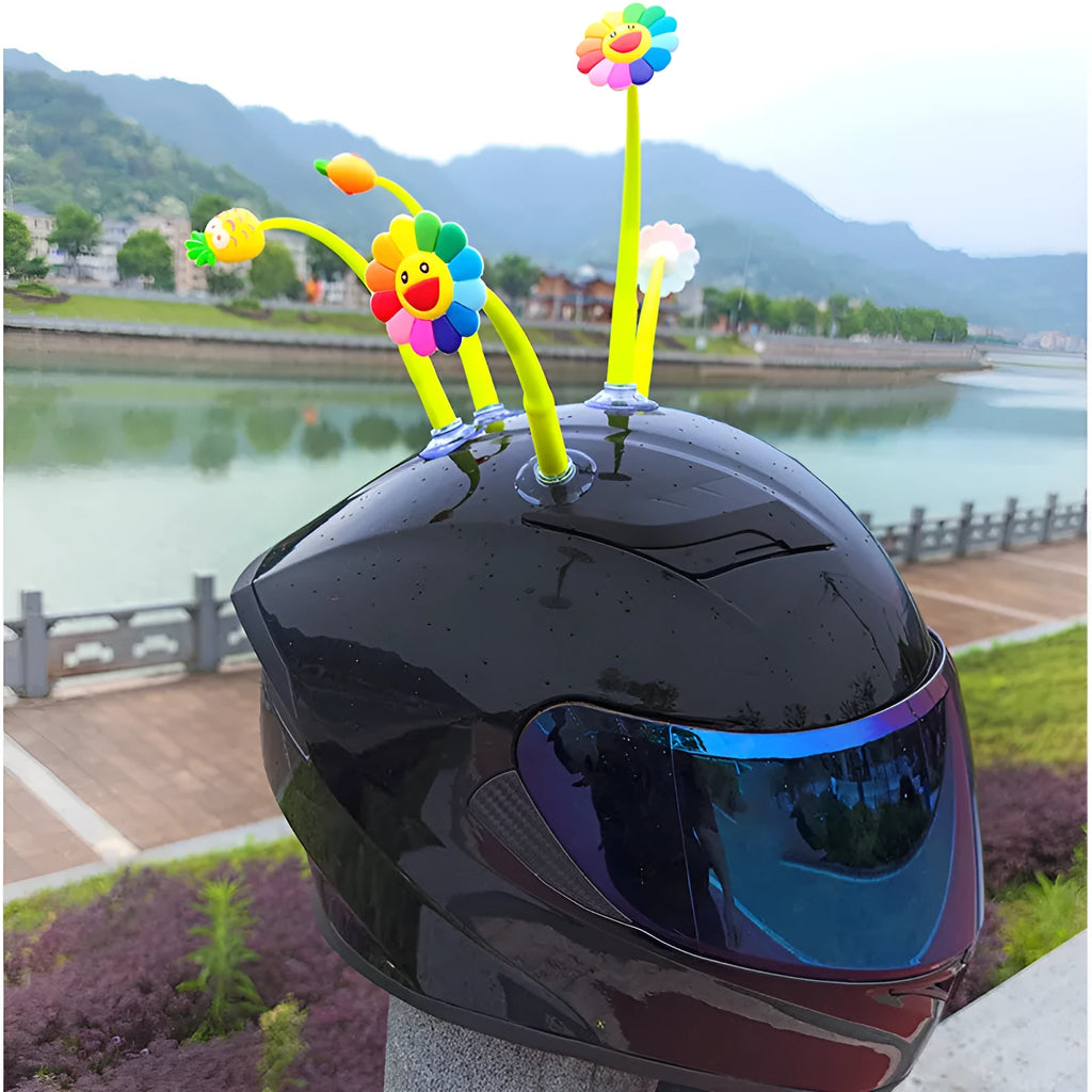 Silicone sunflower ornament with suction cup for attaching to a motorbike helmet